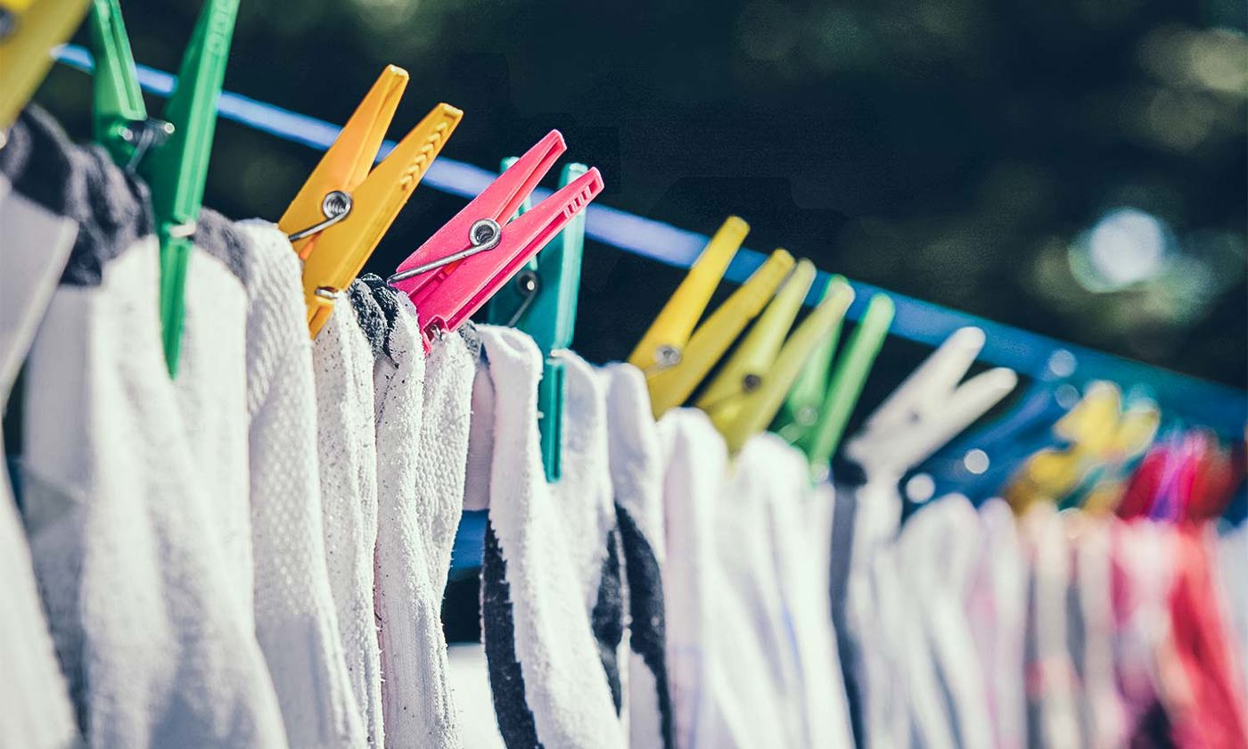 socks hanging on a clothes line