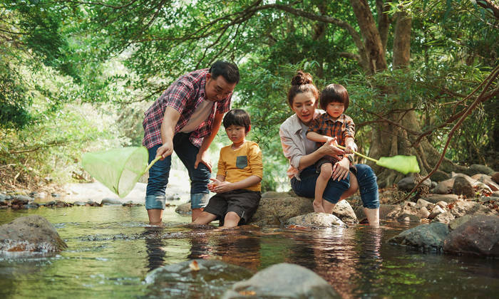 Father and son fishing with fishing net in river